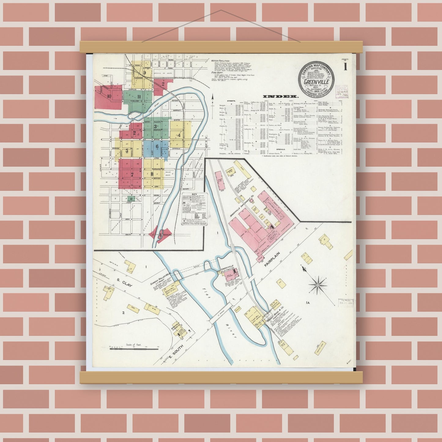 Old map wall art mockup — magnetic wood frame on brick wall — Sanborn Fire Insurance Map from Greenville, Montcalm County, Michigan (1908), Sheet #0001
