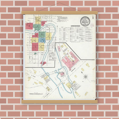 Old map wall art mockup — magnetic wood frame on brick wall — Sanborn Fire Insurance Map from Greenville, Montcalm County, Michigan (1908), Sheet #0001