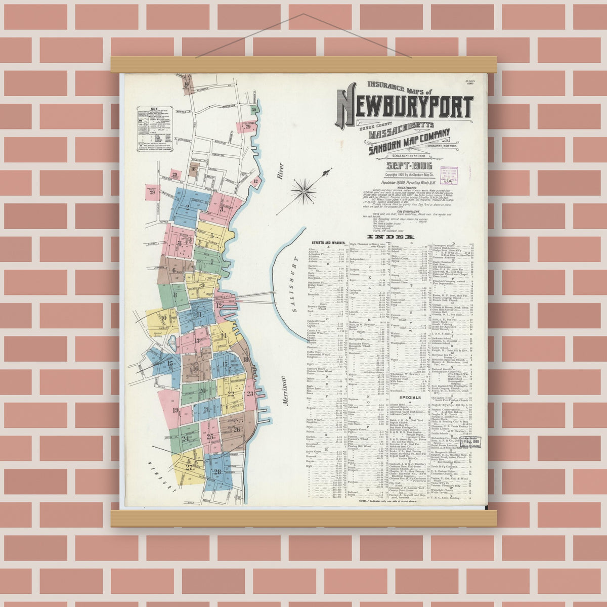 Old map wall art mockup — magnetic wood frame on brick wall — Sanborn Fire Insurance Map from Newburyport, Essex County, Massachusetts (1906), Sheet #0001