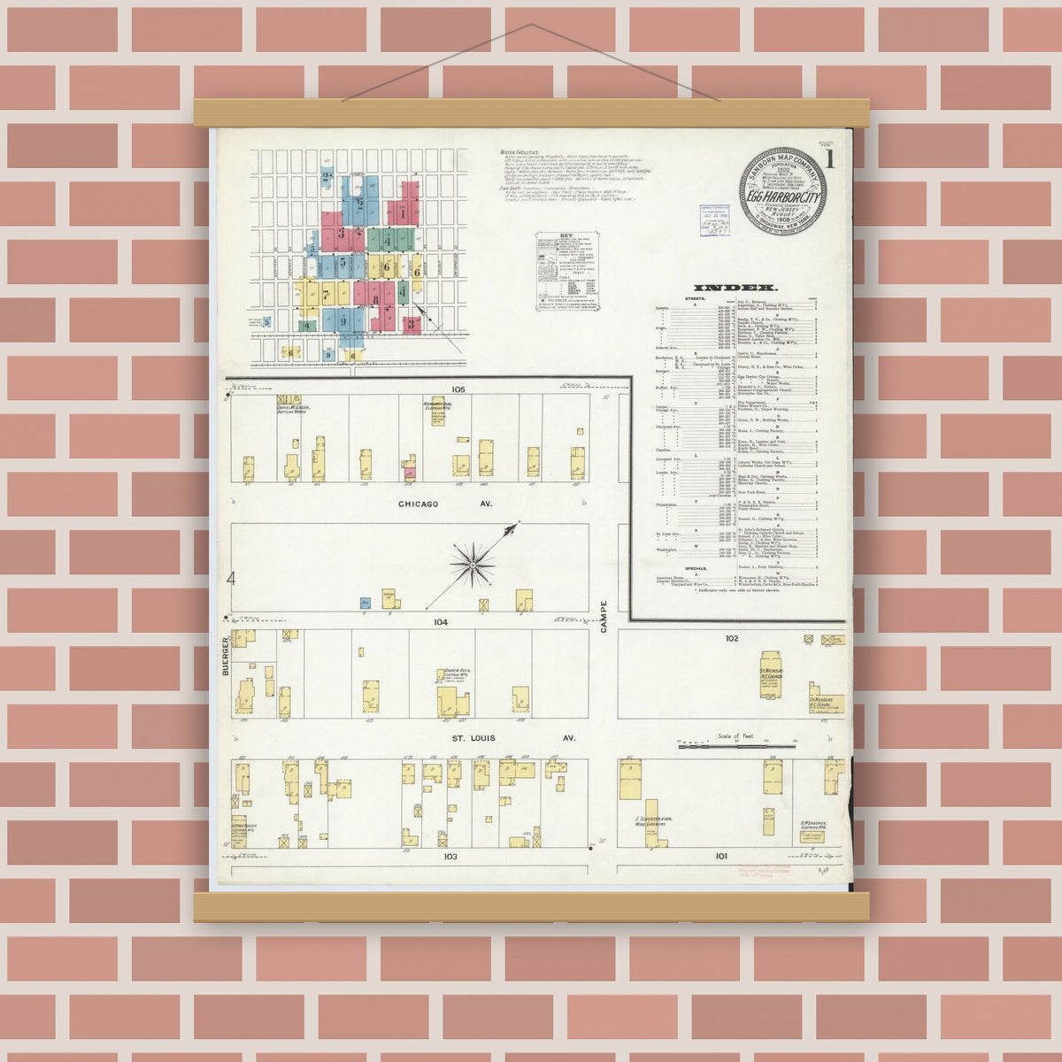 Old map wall art mockup — magnetic wood frame on brick wall — Sanborn Fire Insurance Map from Egg Harbor City, Atlantic County, New Jersey (1908) - Complete Map Set