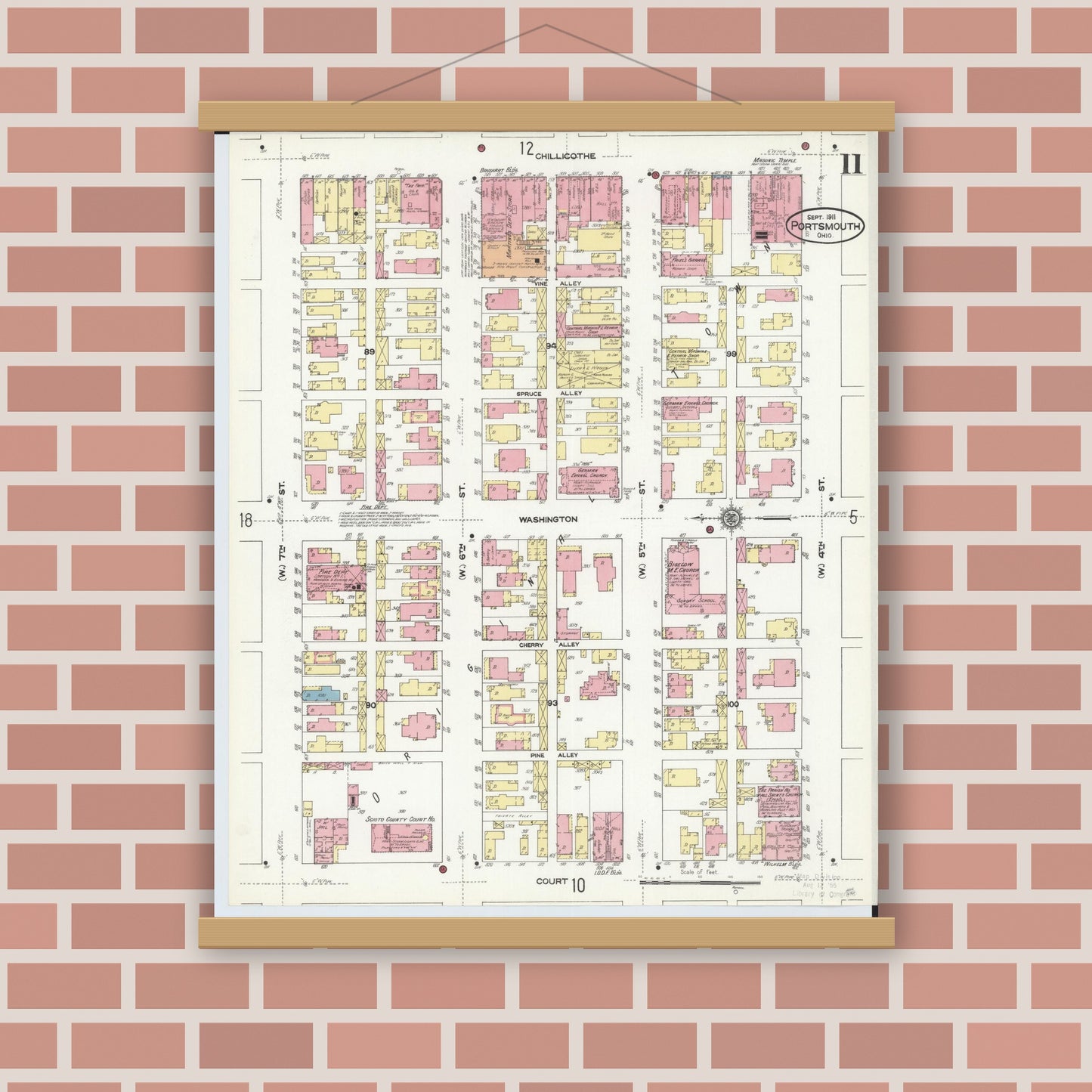 Old map wall art mockup — magnetic wood frame on brick wall — Sanborn Fire Insurance Map from Portsmouth, Scioto County, Ohio (1911), Sheet #0011