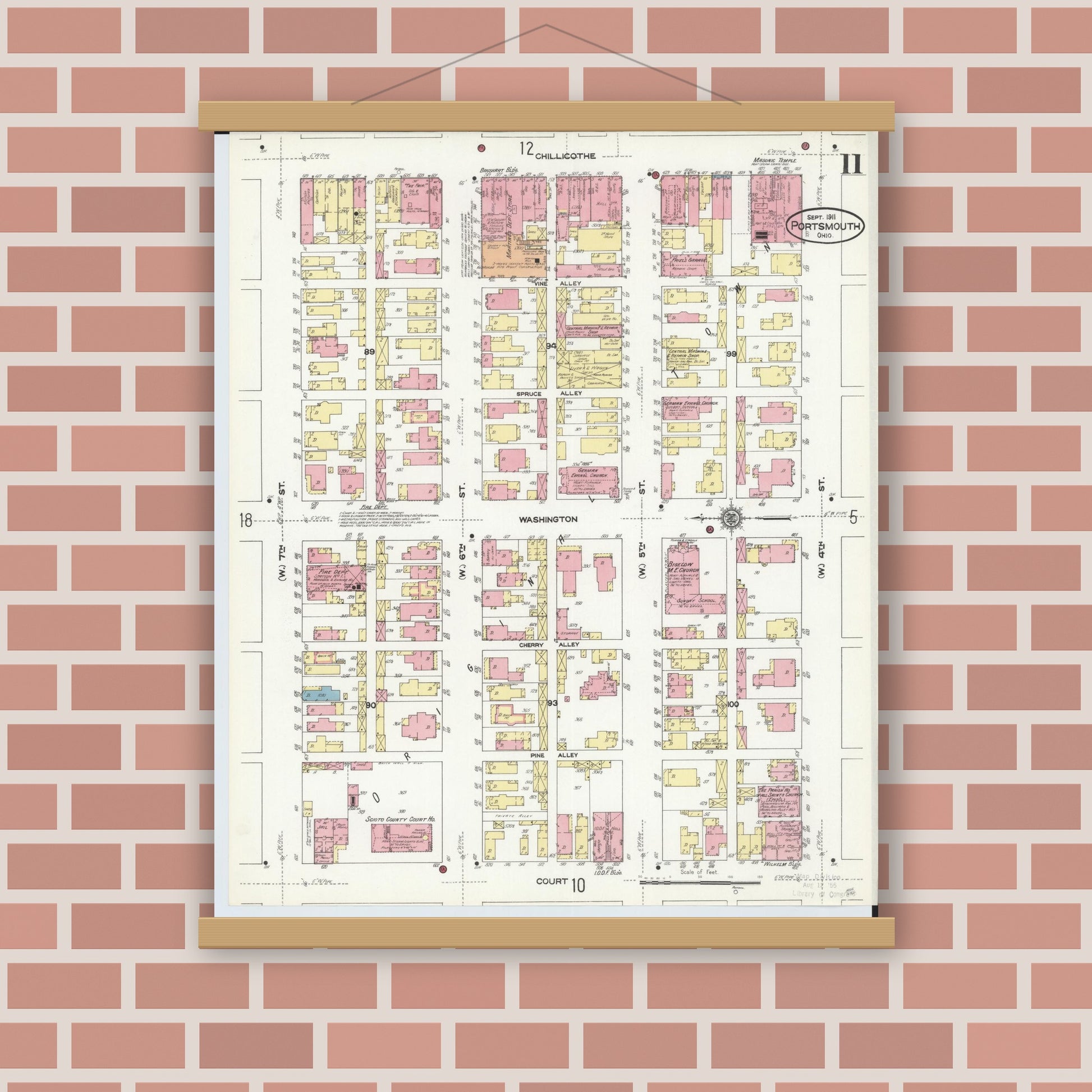 Old map wall art mockup — magnetic wood frame on brick wall — Sanborn Fire Insurance Map from Portsmouth, Scioto County, Ohio (1911), Sheet #0011
