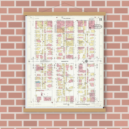 Old map wall art mockup — magnetic wood frame on brick wall — Sanborn Fire Insurance Map from Portsmouth, Scioto County, Ohio (1911), Sheet #0011