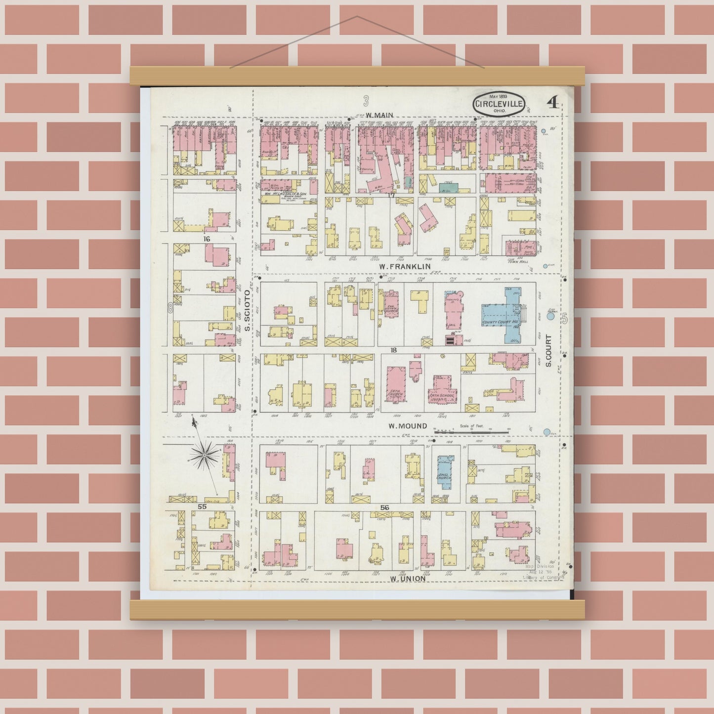Old map wall art mockup — magnetic wood frame on brick wall — Sanborn Fire Insurance Map from Circleville, Pickaway County, Ohio (1893), Sheet #0004