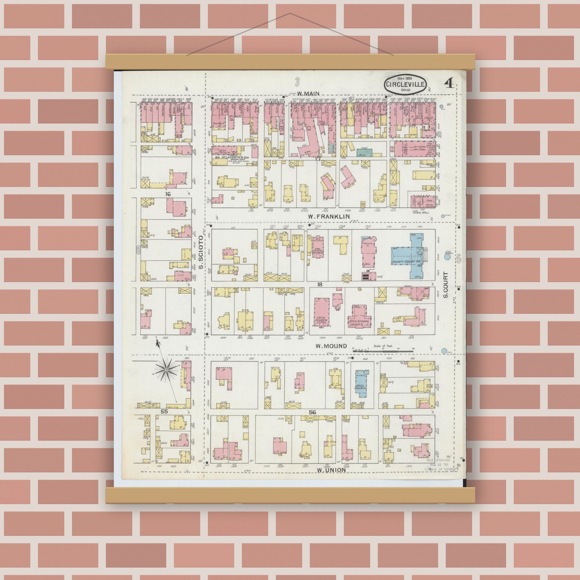 Old map wall art mockup — magnetic wood frame on brick wall — Sanborn Fire Insurance Map from Circleville, Pickaway County, Ohio (1893), Sheet #0004