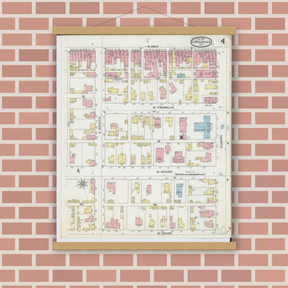 Old map wall art mockup — magnetic wood frame on brick wall — Sanborn Fire Insurance Map from Circleville, Pickaway County, Ohio (1893), Sheet #0004