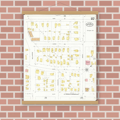 Old map wall art mockup — magnetic wood frame on brick wall — Sanborn Fire Insurance Map from Waterloo, Black Hawk County, Iowa (1906), Sheet #0027
