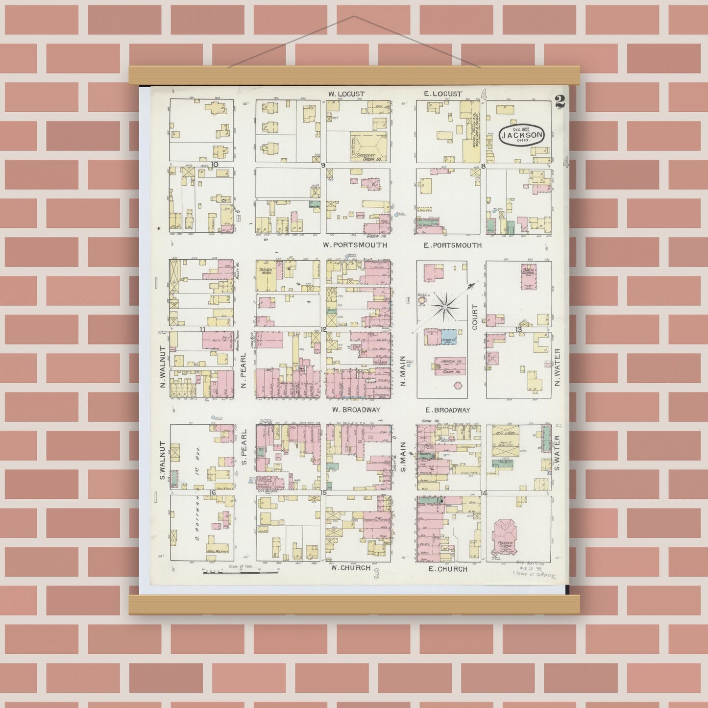 Old map wall art mockup — magnetic wood frame on brick wall — Sanborn Fire Insurance Map from Jackson, Jackson County, Ohio (1892), Sheet #0002