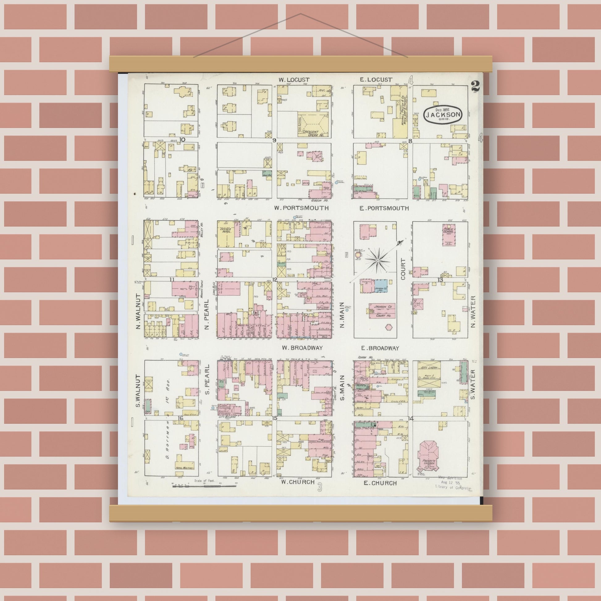 Old map wall art mockup — magnetic wood frame on brick wall — Sanborn Fire Insurance Map from Jackson, Jackson County, Ohio (1892), Sheet #0002