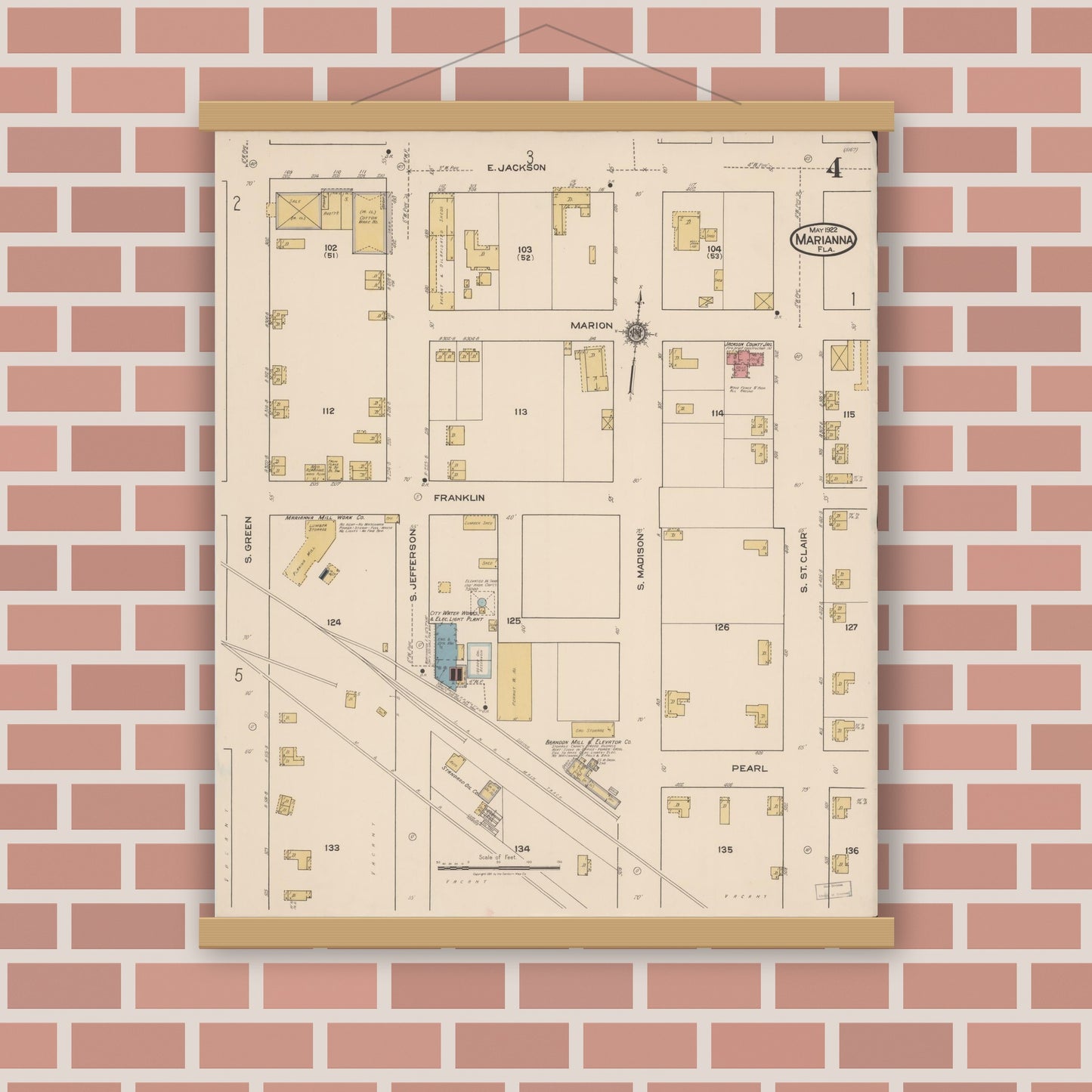 Old map wall art mockup — magnetic wood frame on brick wall — Sanborn Fire Insurance Map from Marianna, Jackson County, Florida (1922), Sheet #0004
