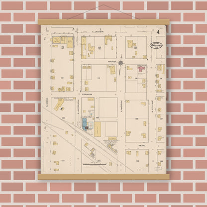 Old map wall art mockup — magnetic wood frame on brick wall — Sanborn Fire Insurance Map from Marianna, Jackson County, Florida (1922), Sheet #0004