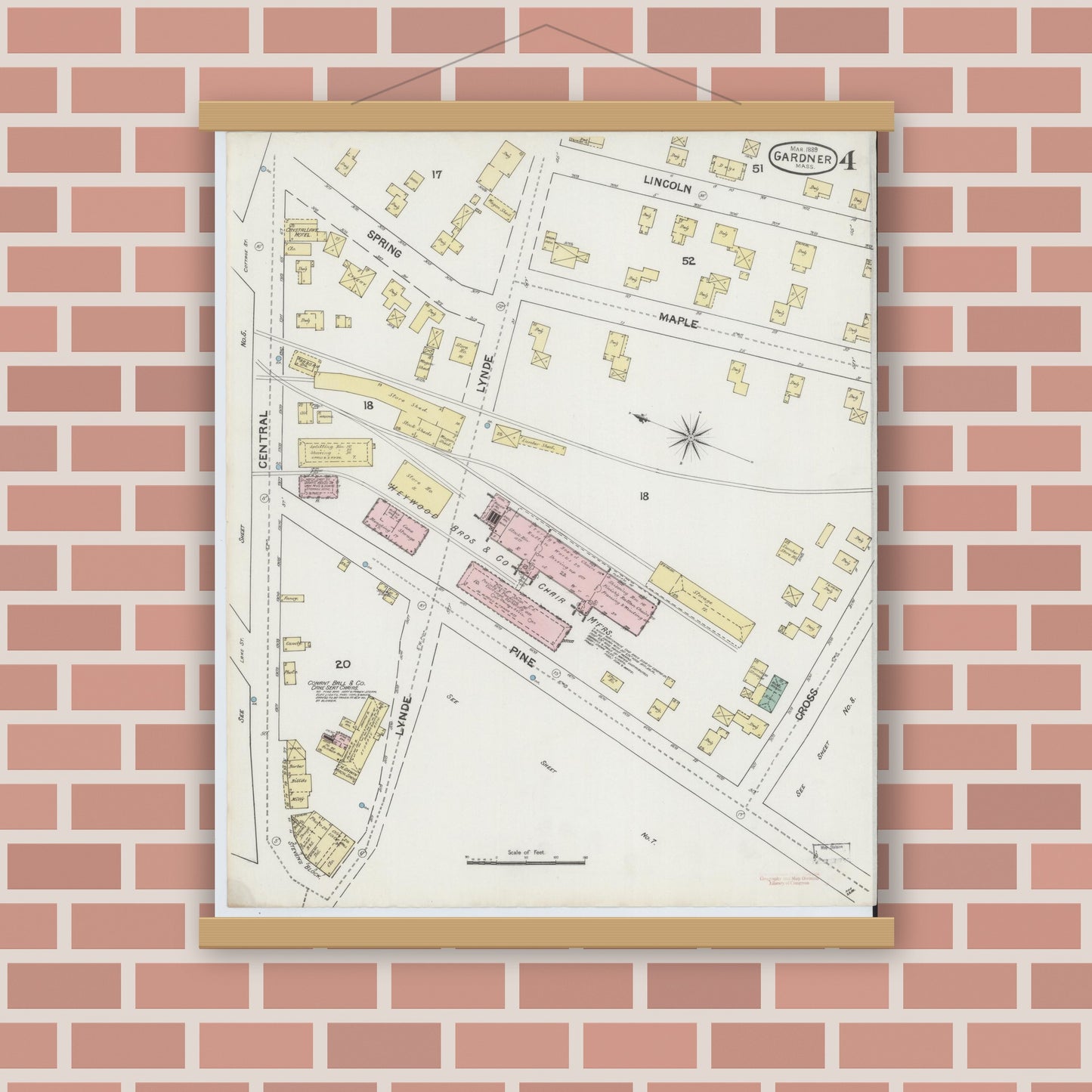 Old map wall art mockup — magnetic wood frame on brick wall — Sanborn Fire Insurance Map from Gardner, Worcester County, Massachusetts (1889), Sheet #0004