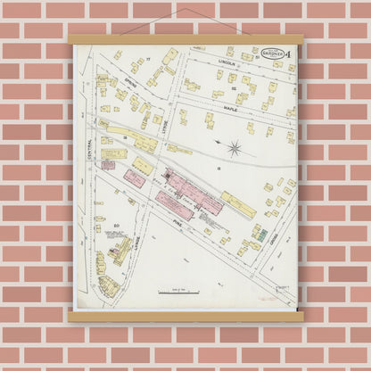 Old map wall art mockup — magnetic wood frame on brick wall — Sanborn Fire Insurance Map from Gardner, Worcester County, Massachusetts (1889), Sheet #0004