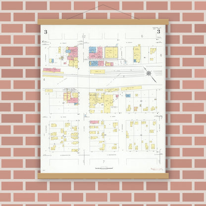 Old map wall art mockup — magnetic wood frame on brick wall — Sanborn Fire Insurance Map from Harvard, McHenry County, Illinois (1934), Sheet #0003