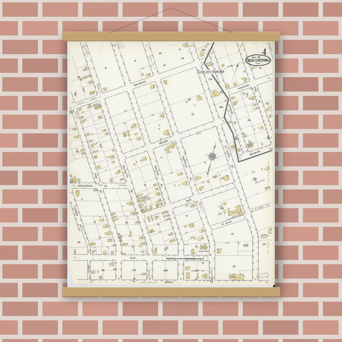 Old map wall art mockup — magnetic wood frame on brick wall — Sanborn Fire Insurance Map from Green Cove Springs, Clay County, Florida (1917), Sheet #0004