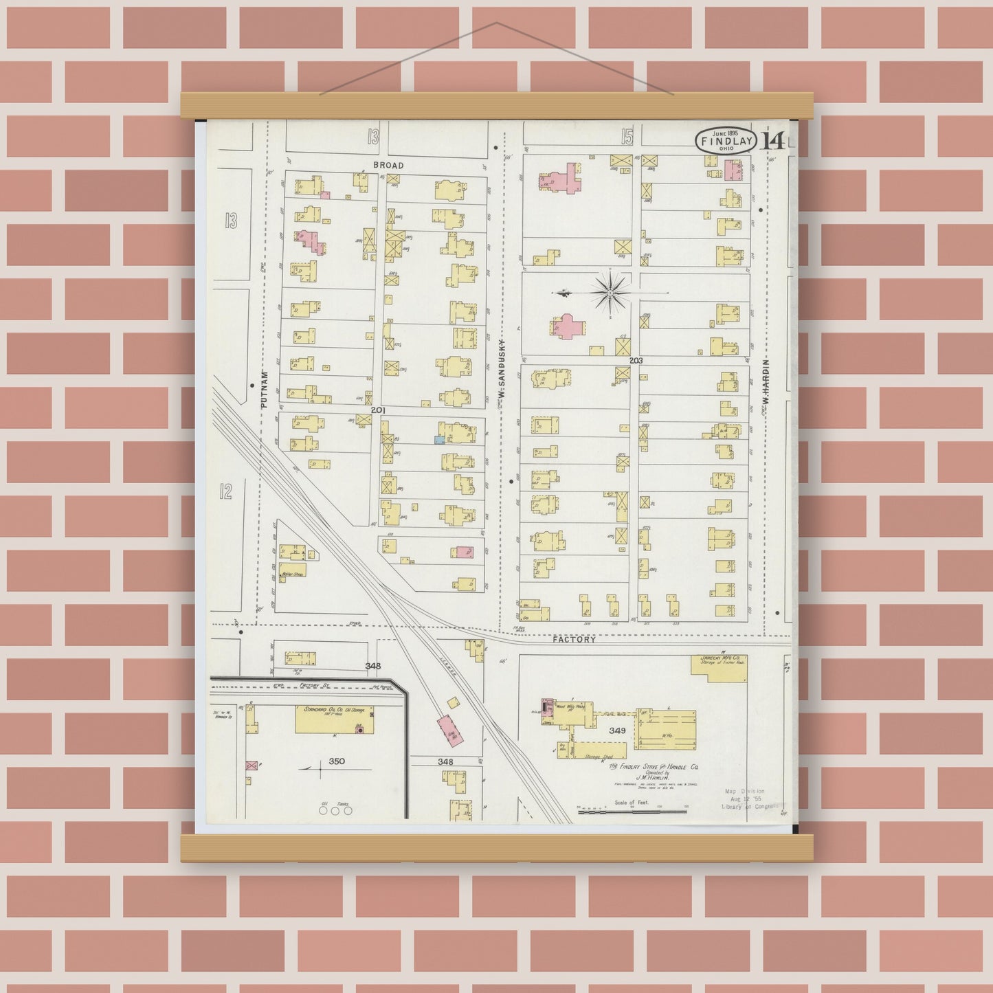 Old map wall art mockup — magnetic wood frame on brick wall — Sanborn Fire Insurance Map from Findlay, Hancock County, Ohio (1895), Sheet #0014