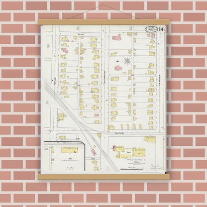 Old map wall art mockup — magnetic wood frame on brick wall — Sanborn Fire Insurance Map from Findlay, Hancock County, Ohio (1895), Sheet #0014
