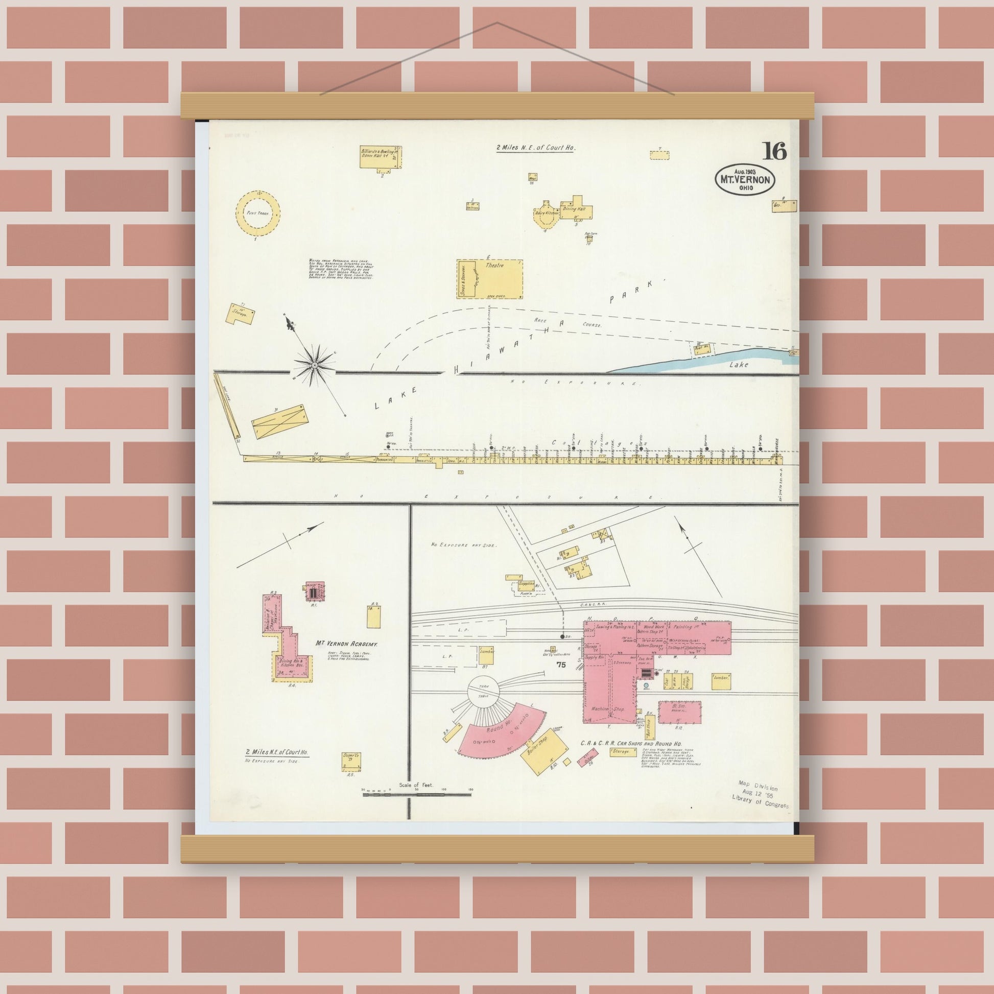 Old map wall art mockup — magnetic wood frame on brick wall — Sanborn Fire Insurance Map from Mount Vernon, Knox County, Ohio (1903), Sheet #0016