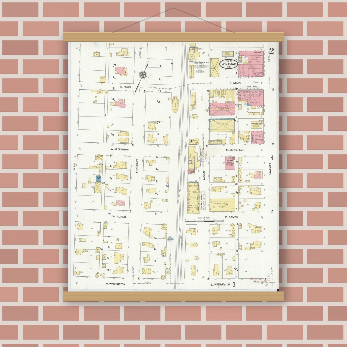 Old map wall art mockup — magnetic wood frame on brick wall — Sanborn Fire Insurance Map from Winamac, Pulaski County, Indiana (1911), Sheet #0002