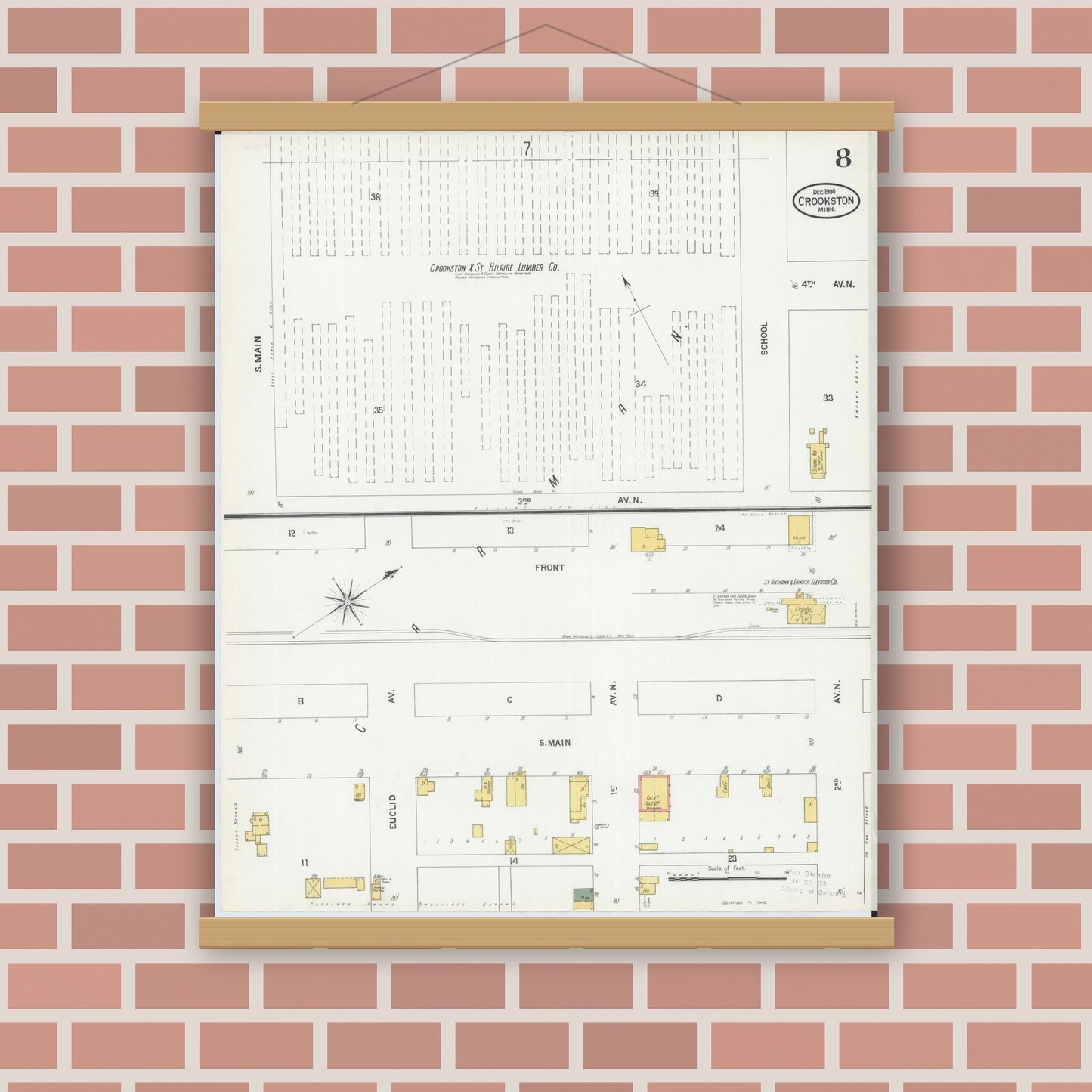 Old map wall art mockup — magnetic wood frame on brick wall — Sanborn Fire Insurance Map from Crookston, Polk County, Minnesota (1900), Sheet #0008