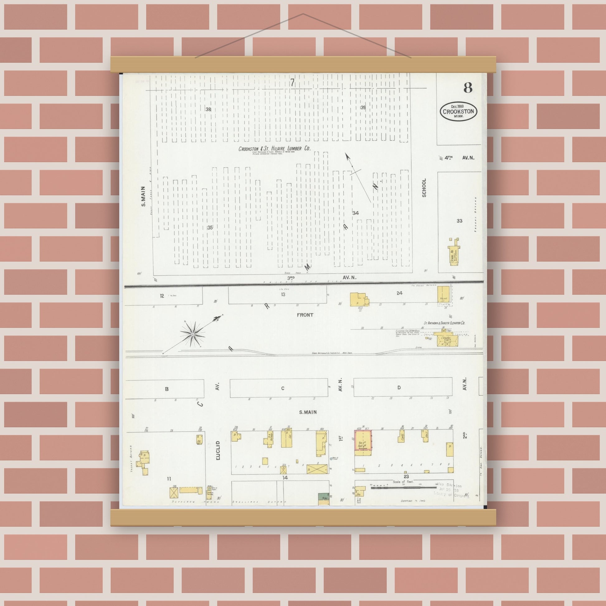 Old map wall art mockup — magnetic wood frame on brick wall — Sanborn Fire Insurance Map from Crookston, Polk County, Minnesota (1900), Sheet #0008