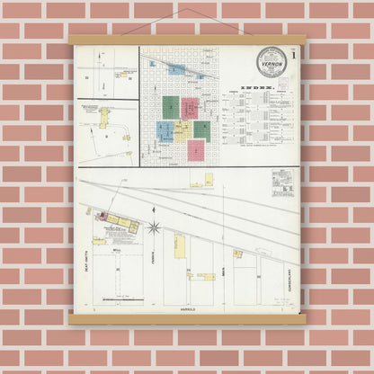 Old map wall art mockup — magnetic wood frame on brick wall — Sanborn Fire Insurance Map from Vernon, Wilbarger County, Texas (1902), Sheet #0001