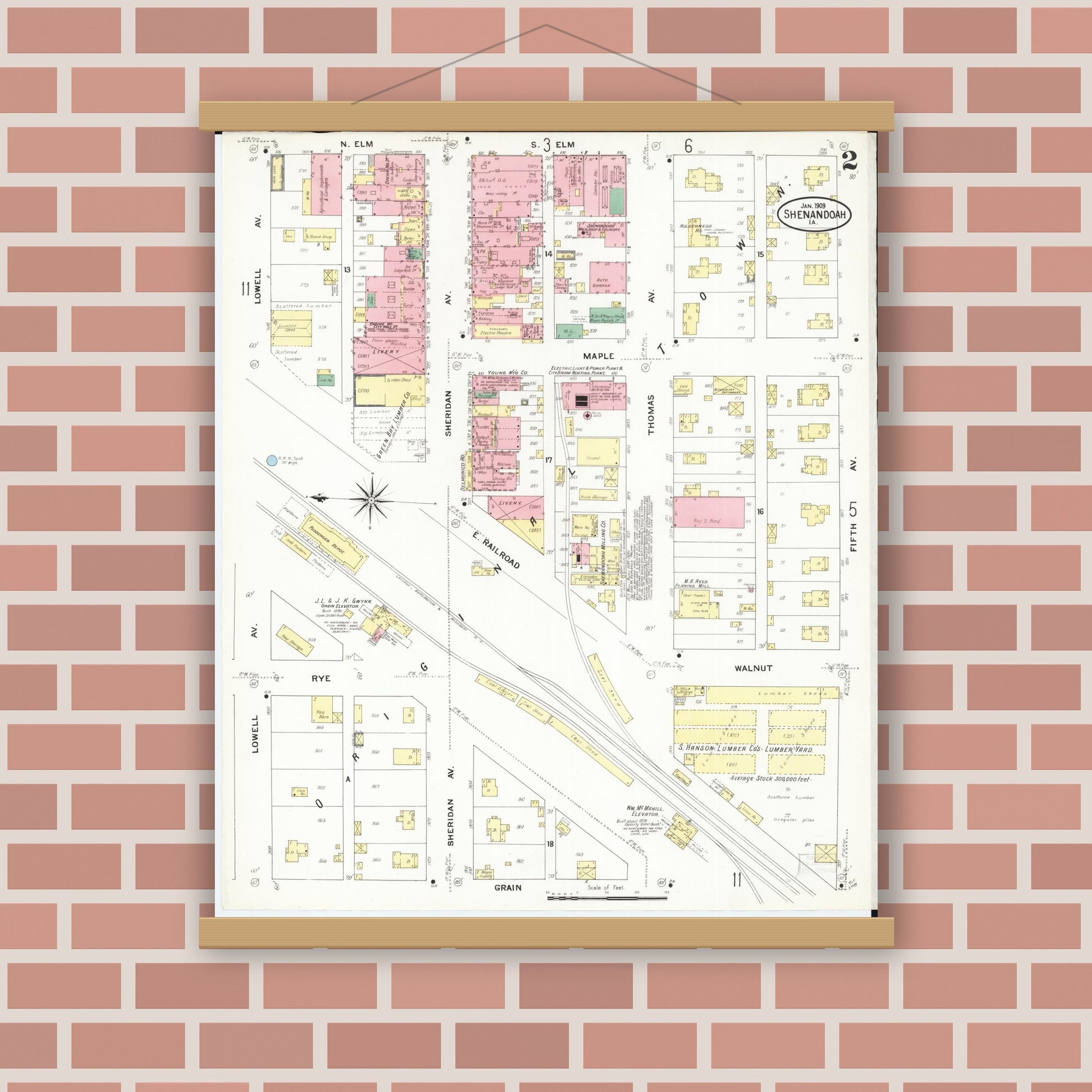 Old map wall art mockup — magnetic wood frame on brick wall — Sanborn Fire Insurance Map from Shenandoah, Page County, Iowa (1909), Sheet #0002