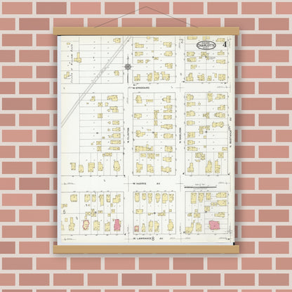 Old map wall art mockup — magnetic wood frame on brick wall — Sanborn Fire Insurance Map from Charlotte, Eaton County, Michigan (1918), Sheet #0004