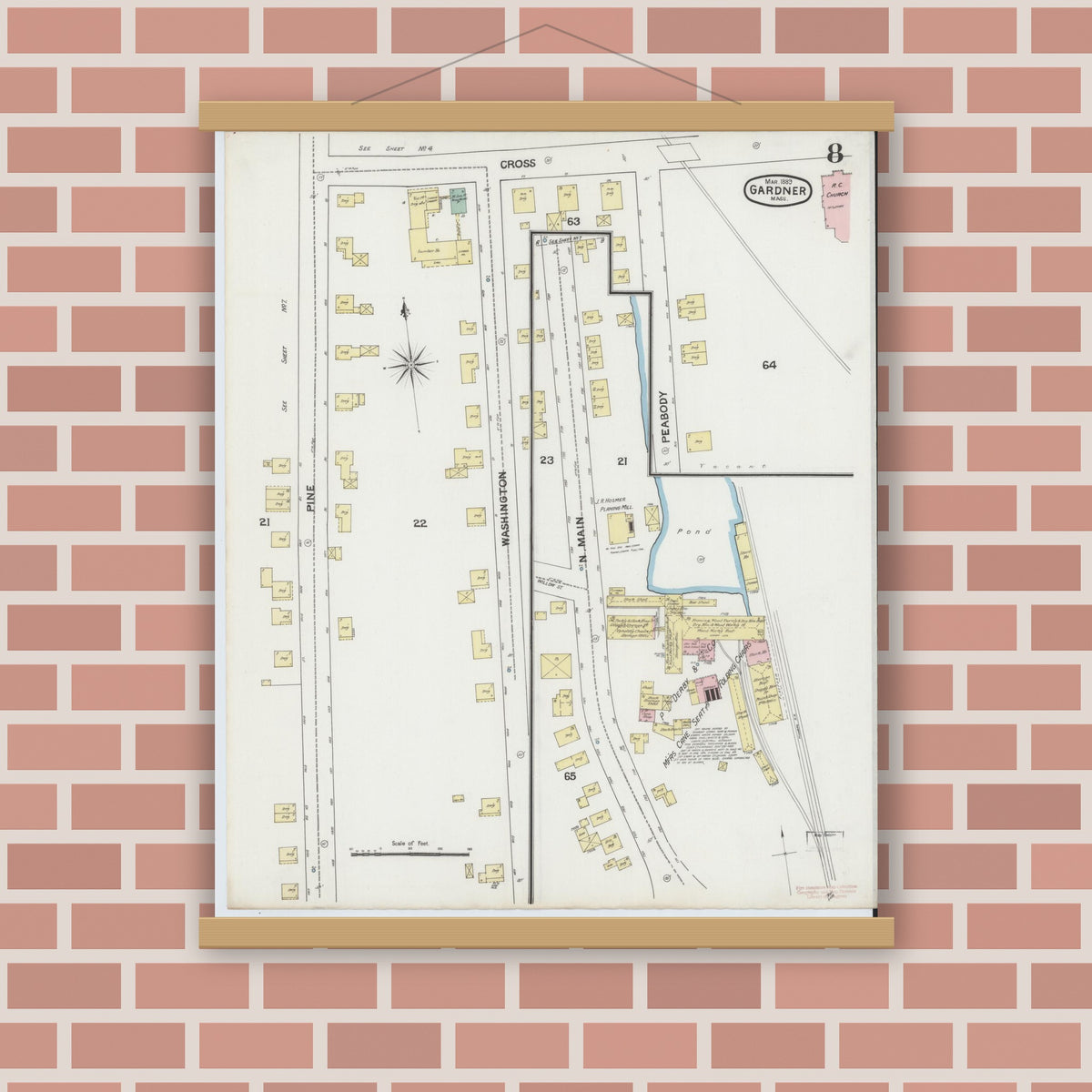 Old map wall art mockup — magnetic wood frame on brick wall — Sanborn Fire Insurance Map from Gardner, Worcester County, Massachusetts (1889), Sheet #0008