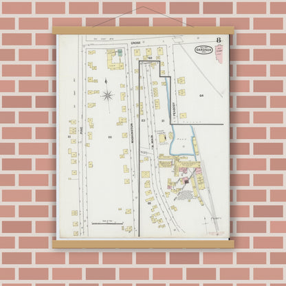 Old map wall art mockup — magnetic wood frame on brick wall — Sanborn Fire Insurance Map from Gardner, Worcester County, Massachusetts (1889), Sheet #0008