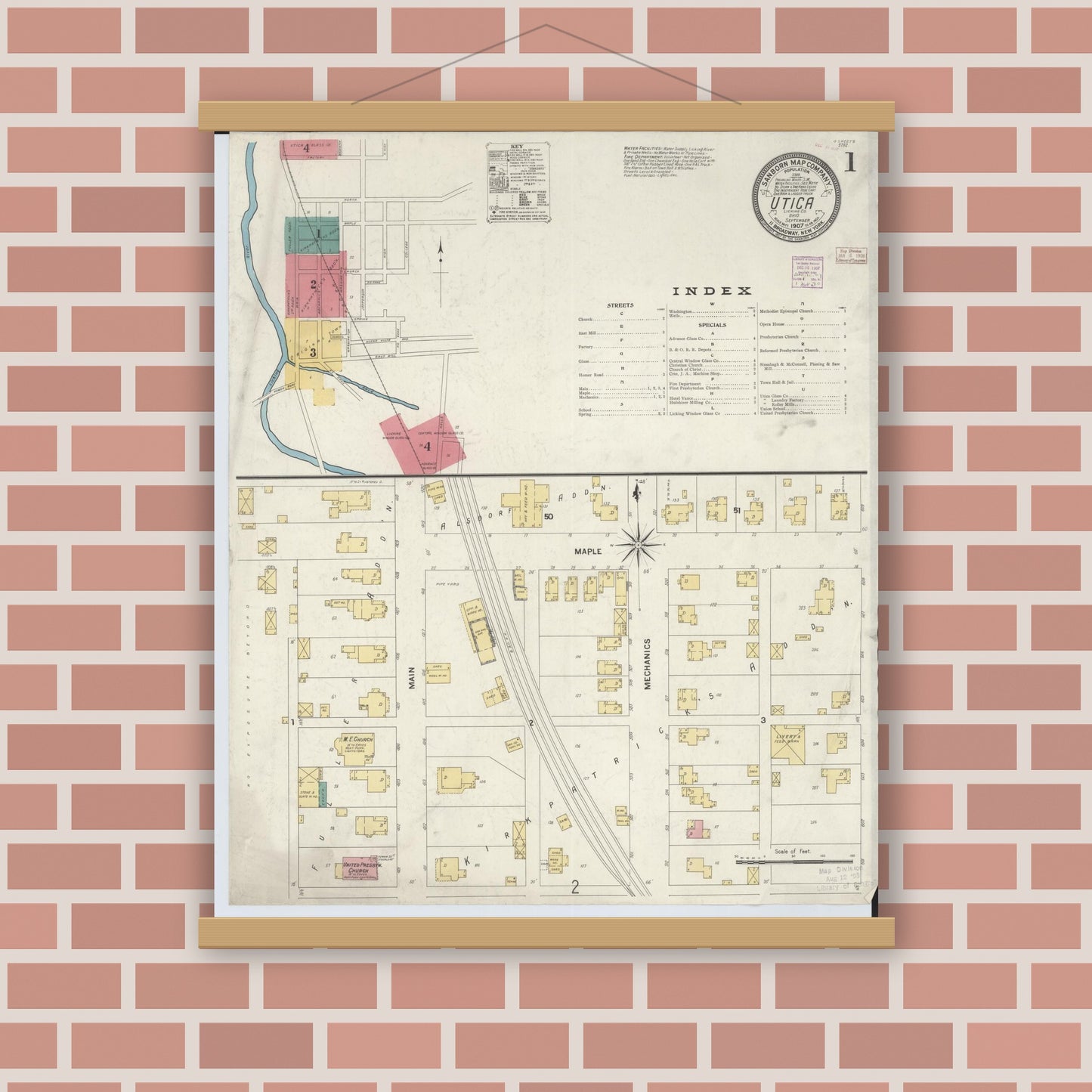 Old map wall art mockup — magnetic wood frame on brick wall — Sanborn Fire Insurance Map from Utica, Licking County, Ohio (1907) - Complete Map Set