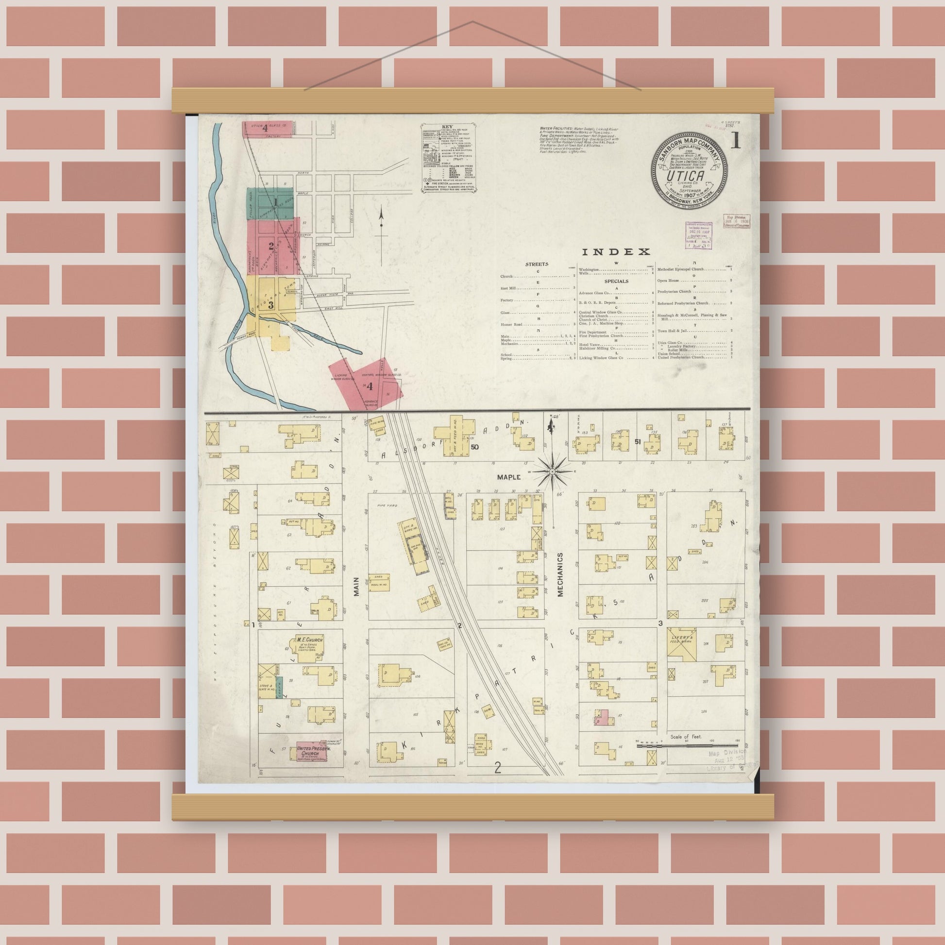 Old map wall art mockup — magnetic wood frame on brick wall — Sanborn Fire Insurance Map from Utica, Licking County, Ohio (1907) - Complete Map Set