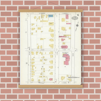 Old map wall art mockup — magnetic wood frame on brick wall — Sanborn Fire Insurance Map from High Point, Guilford County, North Carolina (1917), Sheet #0006