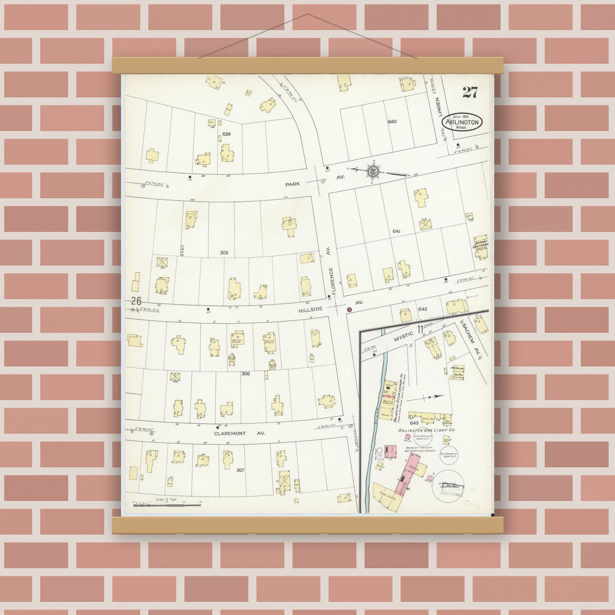 Old map wall art mockup — magnetic wood frame on brick wall — Sanborn Fire Insurance Map from Arlington, Middlesex County, Massachusetts (1914), Sheet #0027