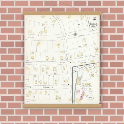 Old map wall art mockup — magnetic wood frame on brick wall — Sanborn Fire Insurance Map from Arlington, Middlesex County, Massachusetts (1914), Sheet #0027