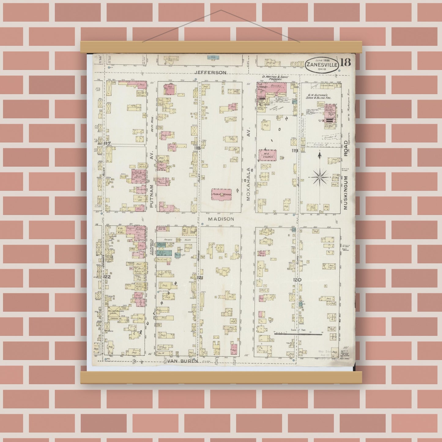 Old map wall art mockup — magnetic wood frame on brick wall — Sanborn Fire Insurance Map from Zanesville, Muskingum County, Ohio (1886), Sheet #0018