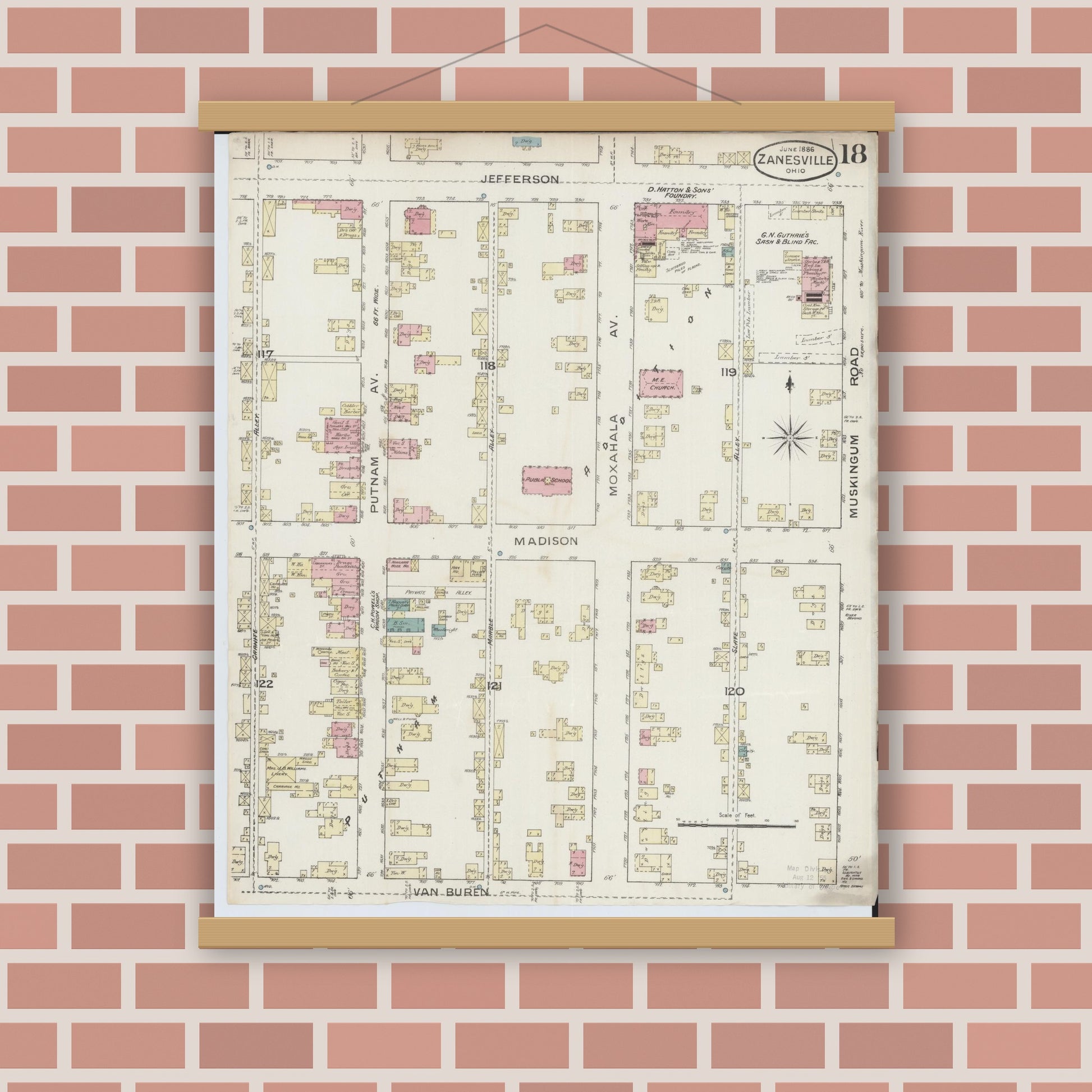 Old map wall art mockup — magnetic wood frame on brick wall — Sanborn Fire Insurance Map from Zanesville, Muskingum County, Ohio (1886), Sheet #0018