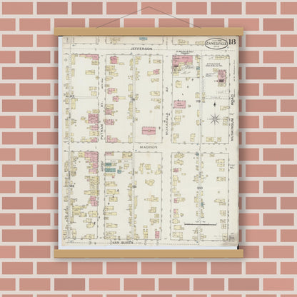 Old map wall art mockup — magnetic wood frame on brick wall — Sanborn Fire Insurance Map from Zanesville, Muskingum County, Ohio (1886), Sheet #0018