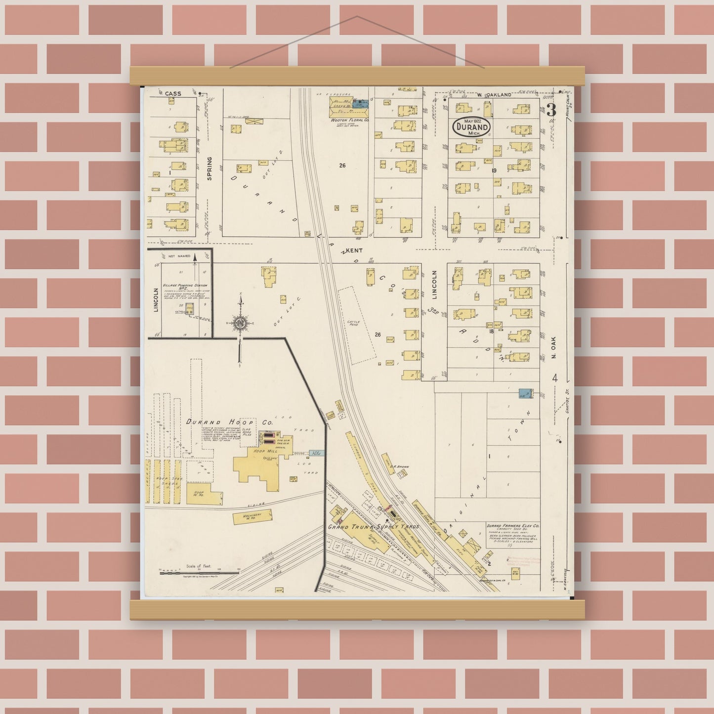 Old map wall art mockup — magnetic wood frame on brick wall — Sanborn Fire Insurance Map from Durand, Shiawassee County, Michigan (1922), Sheet #0003