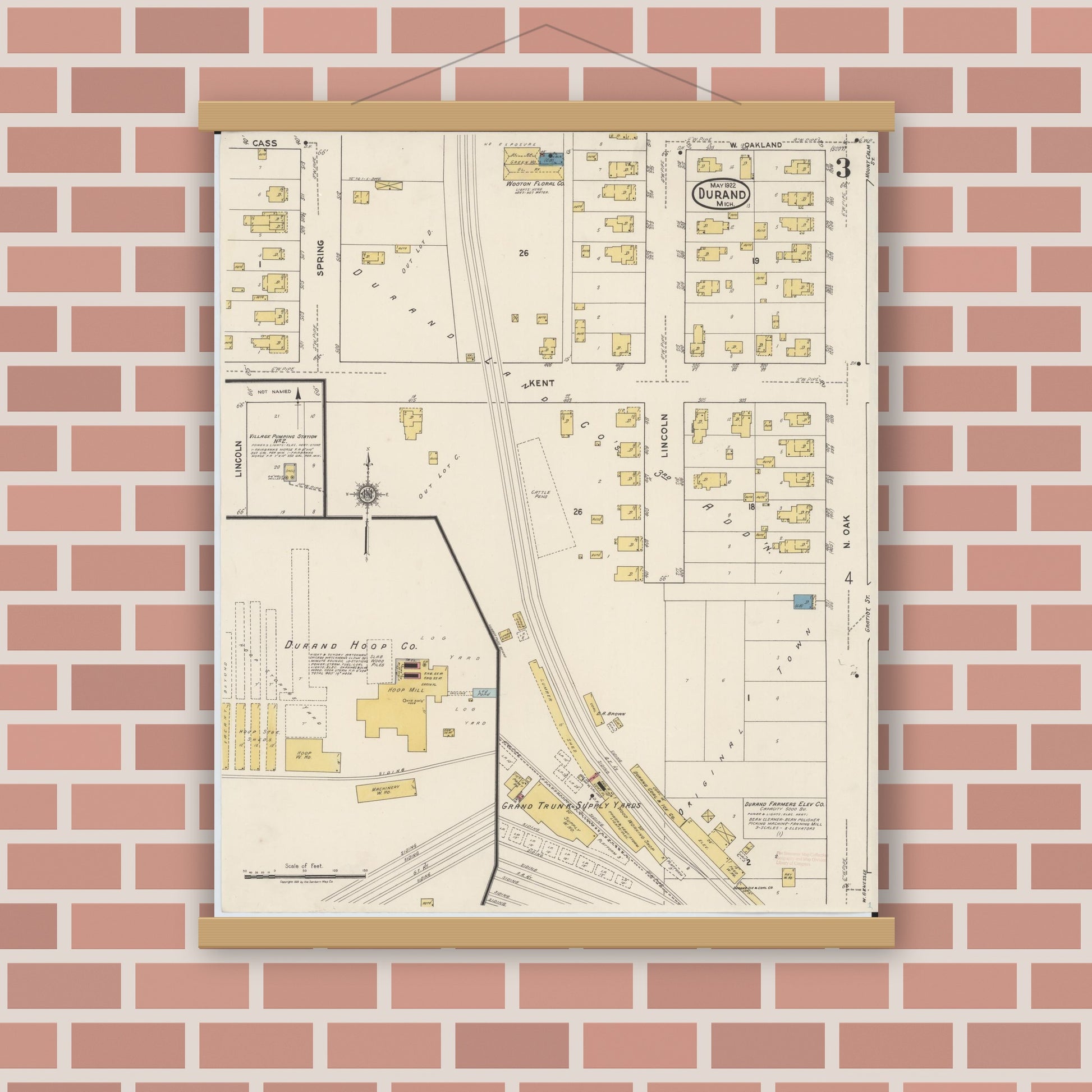 Old map wall art mockup — magnetic wood frame on brick wall — Sanborn Fire Insurance Map from Durand, Shiawassee County, Michigan (1922), Sheet #0003