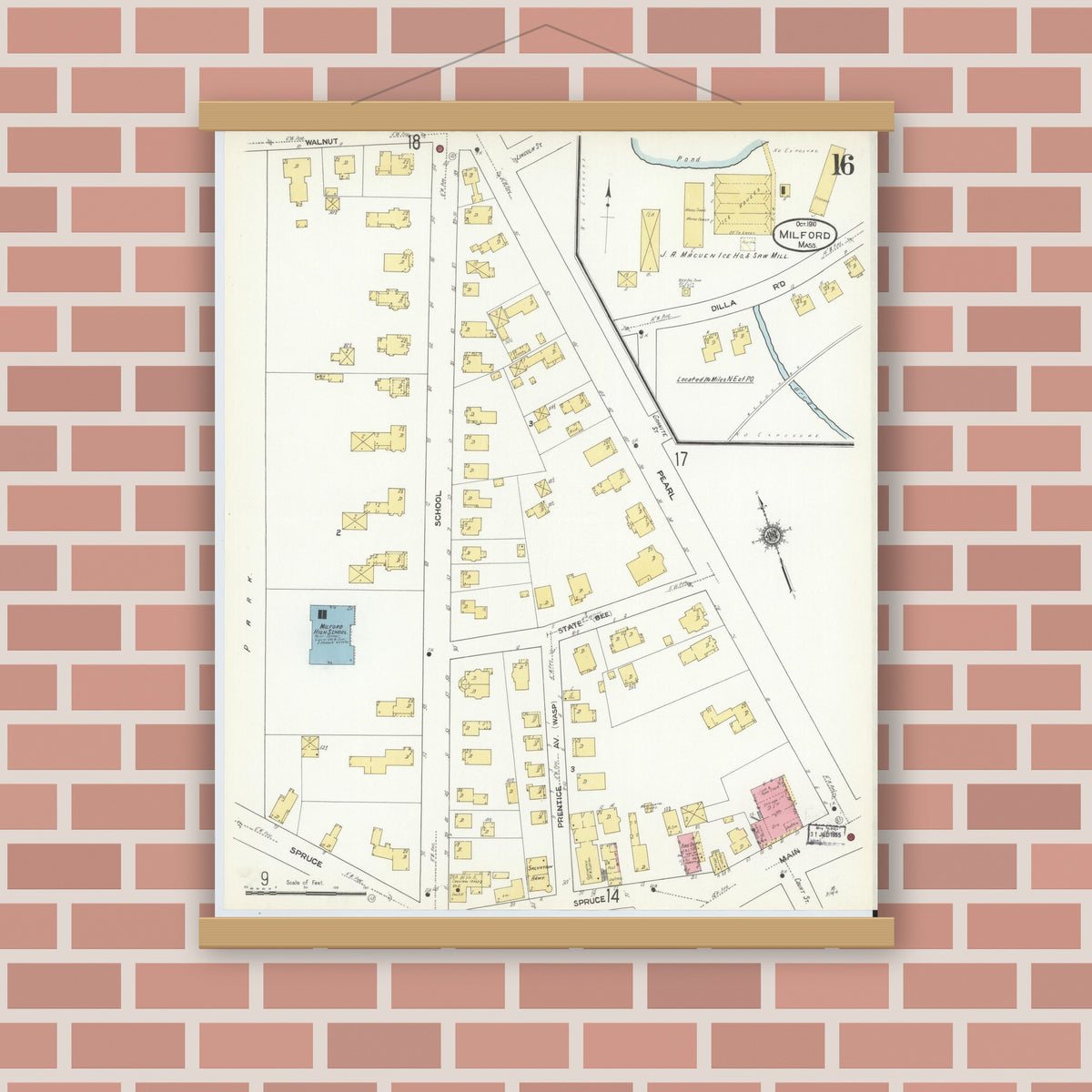 Old map wall art mockup — magnetic wood frame on brick wall — Sanborn Fire Insurance Map from Milford, Worcester County, Massachusetts (1910), Sheet #0016