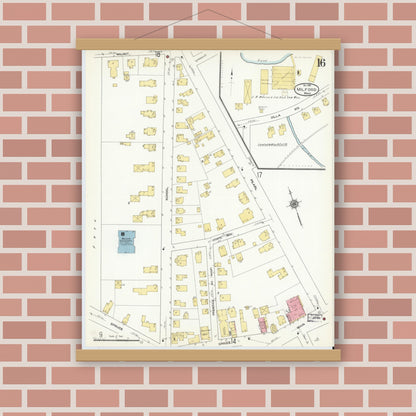 Old map wall art mockup — magnetic wood frame on brick wall — Sanborn Fire Insurance Map from Milford, Worcester County, Massachusetts (1910), Sheet #0016