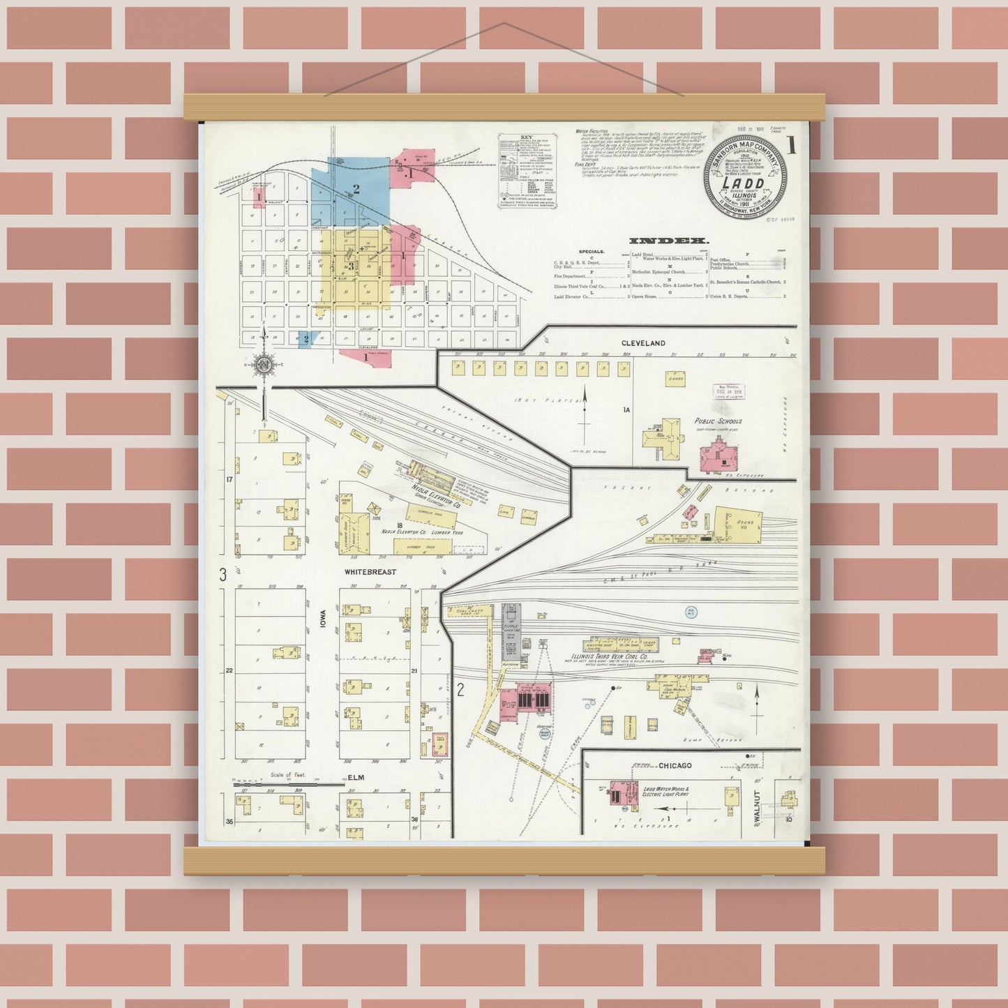 Old map wall art mockup — magnetic wood frame on brick wall — Sanborn Fire Insurance Map from Ladd, Bureau County, Illinois (1911) - Complete Map Set
