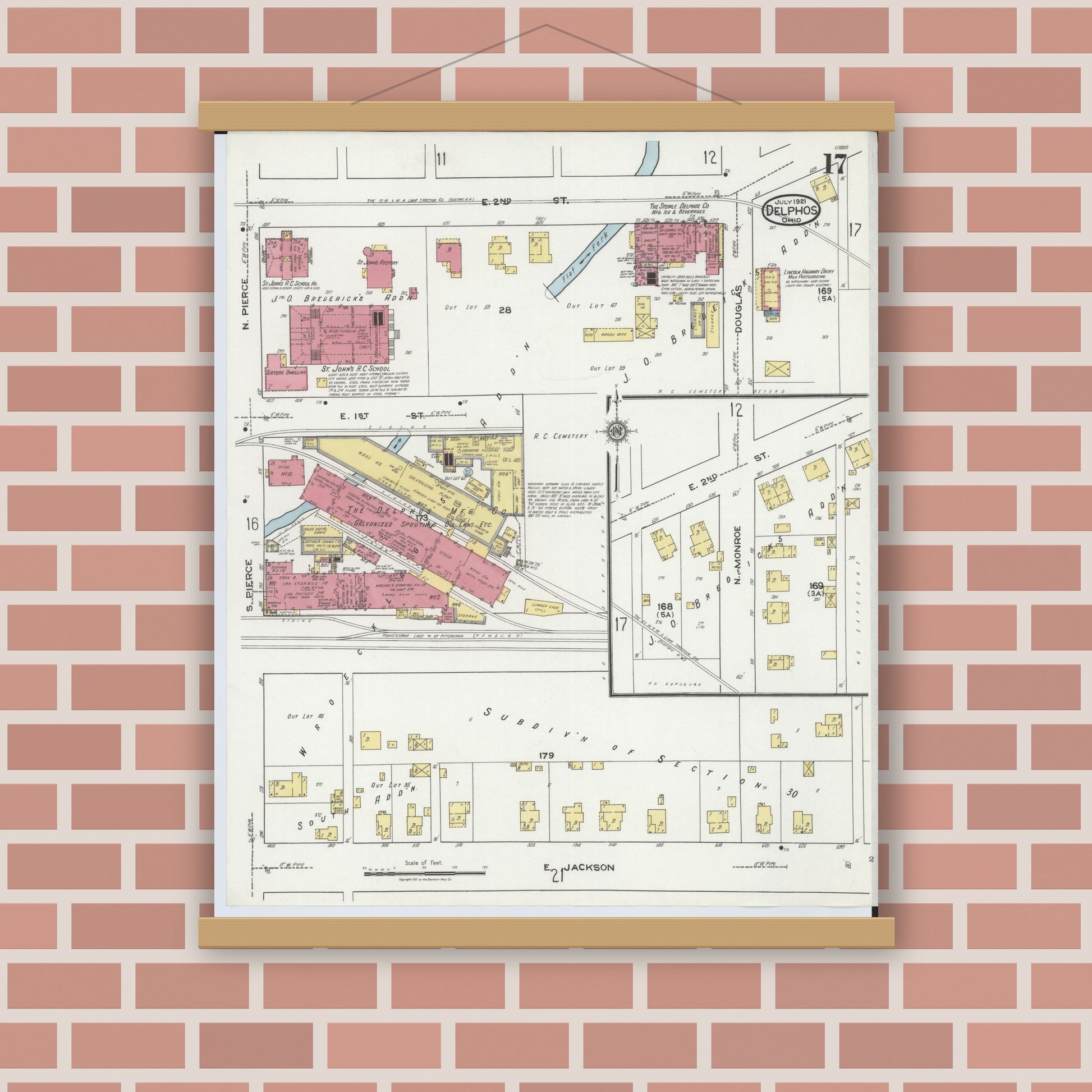 Old map wall art mockup — magnetic wood frame on brick wall — Sanborn Fire Insurance Map from Delphos, Van Wert And Allen Counties, Ohio (1921), Sheet #0017