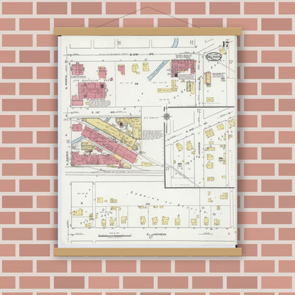 Old map wall art mockup — magnetic wood frame on brick wall — Sanborn Fire Insurance Map from Delphos, Van Wert And Allen Counties, Ohio (1921), Sheet #0017