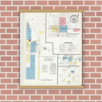 Old map wall art mockup — magnetic wood frame on brick wall — Sanborn Fire Insurance Map from Plano, Kendall County, Illinois (1912), Sheet #0001