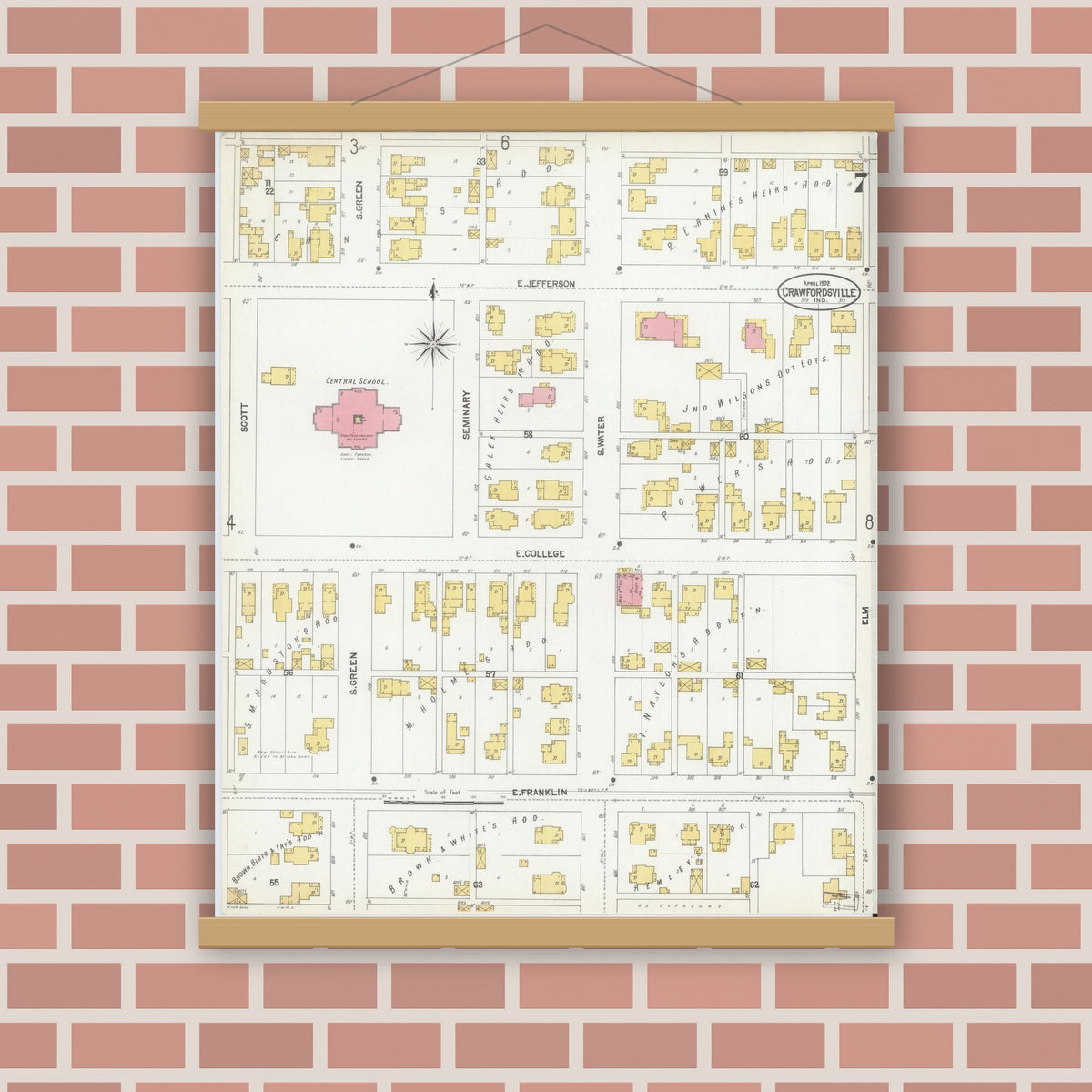 Old map wall art mockup — magnetic wood frame on brick wall — Sanborn Fire Insurance Map from Crawfordsville, Montgomery County, Indiana (1902), Sheet #0007