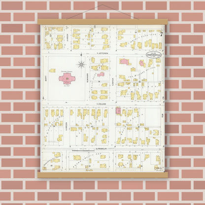 Old map wall art mockup — magnetic wood frame on brick wall — Sanborn Fire Insurance Map from Crawfordsville, Montgomery County, Indiana (1902), Sheet #0007