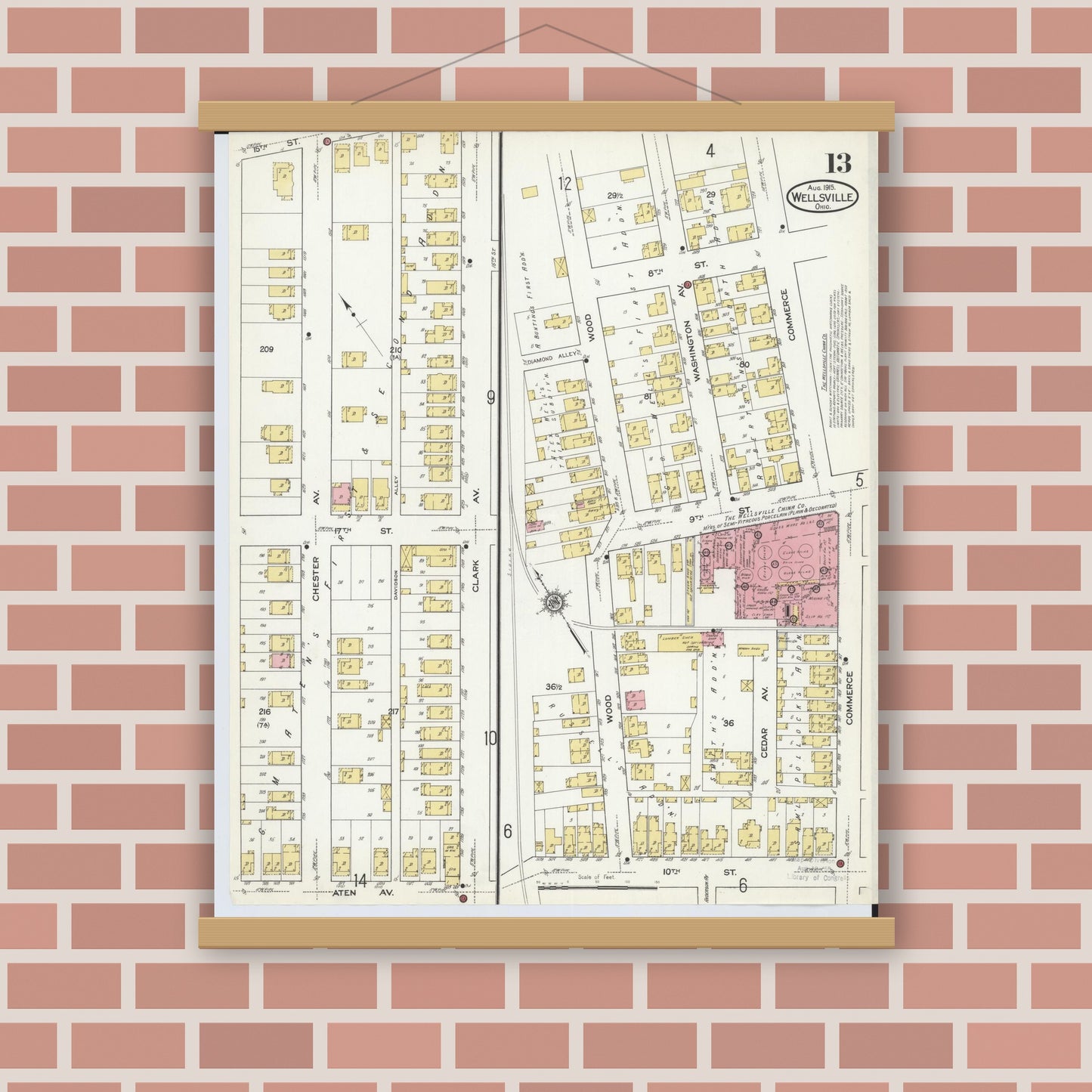 Old map wall art mockup — magnetic wood frame on brick wall — Sanborn Fire Insurance Map from Wellsville, Columbiana County, Ohio (1915), Sheet #0013