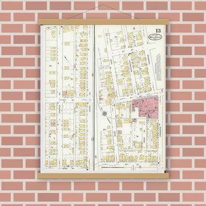 Old map wall art mockup — magnetic wood frame on brick wall — Sanborn Fire Insurance Map from Wellsville, Columbiana County, Ohio (1915), Sheet #0013
